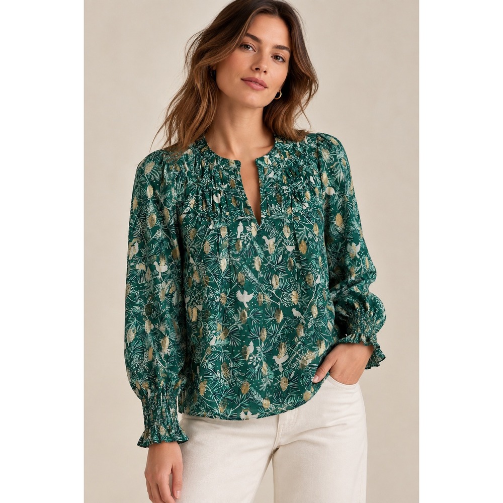 Talbots Womens XS Green Gold Metallic Pinecone Bird Smocked Blouse Cotton New